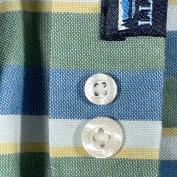 LL Bean Shirt Adult LARGE Blue Green Yellow Striped Fitted Stretch Outdoor - Picture 7 of 10